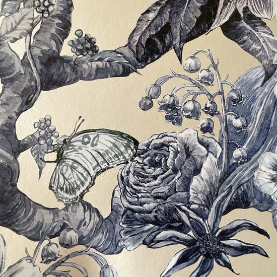 Chinoiserie Garden on Silver Mica Coated Non-Woven Wallpaper_70cm wide x 10.05m long_PRE ORDER